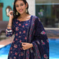 Blue Pink Cotton Jaal Printed Anarkali Suit With Block Printed Dupatta - Set of 3