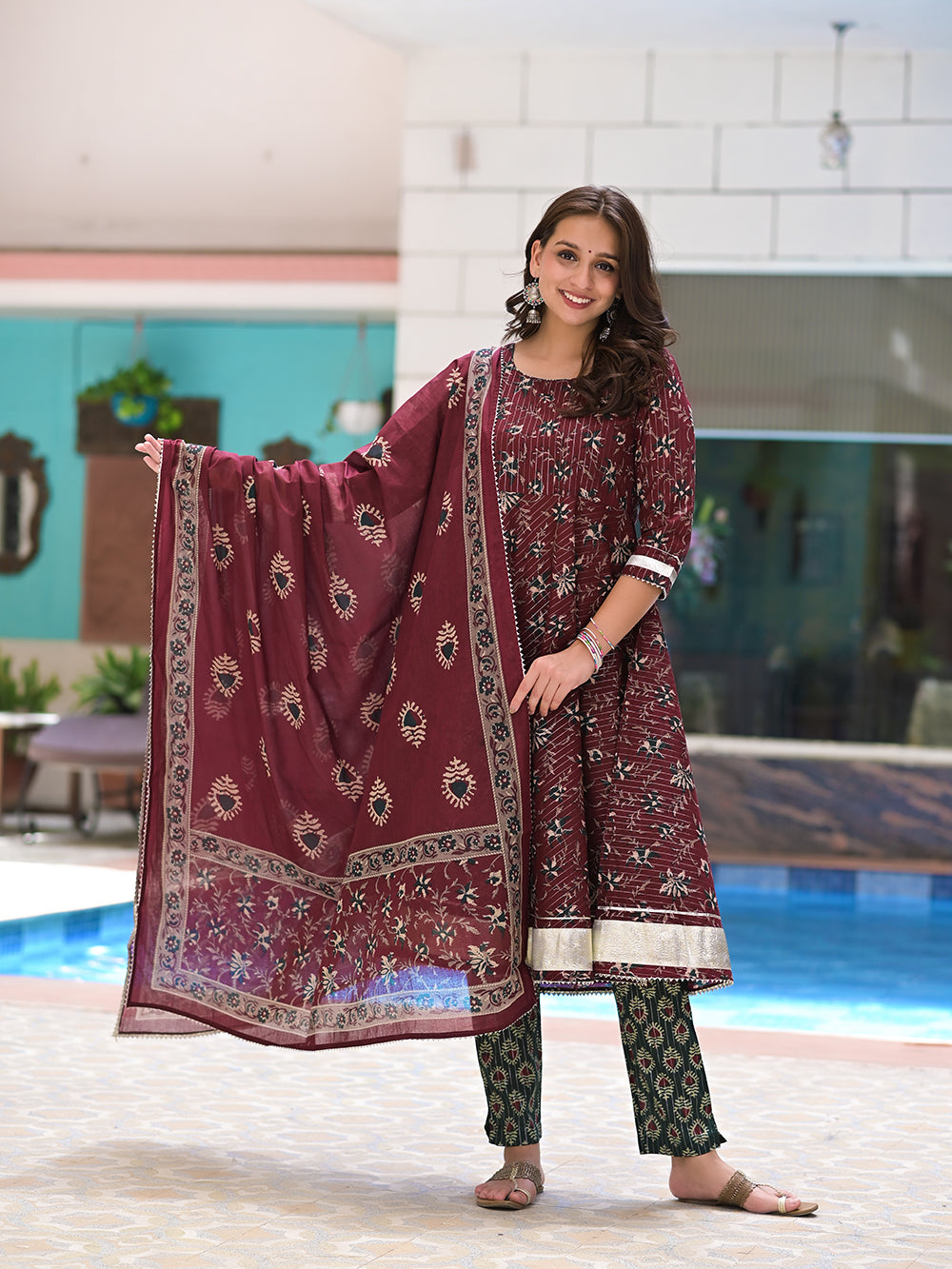 Maroon Lurex Cotton Jaal Printed Anarkali Suit With Block Printed Dupatta - Set of 3