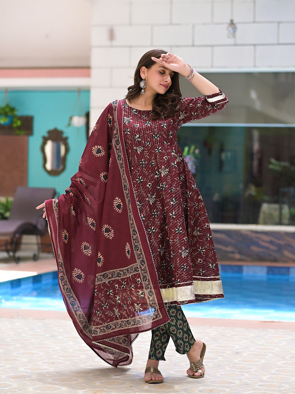 Maroon Lurex Cotton Jaal Printed Anarkali Suit With Block Printed Dupatta - Set of 3