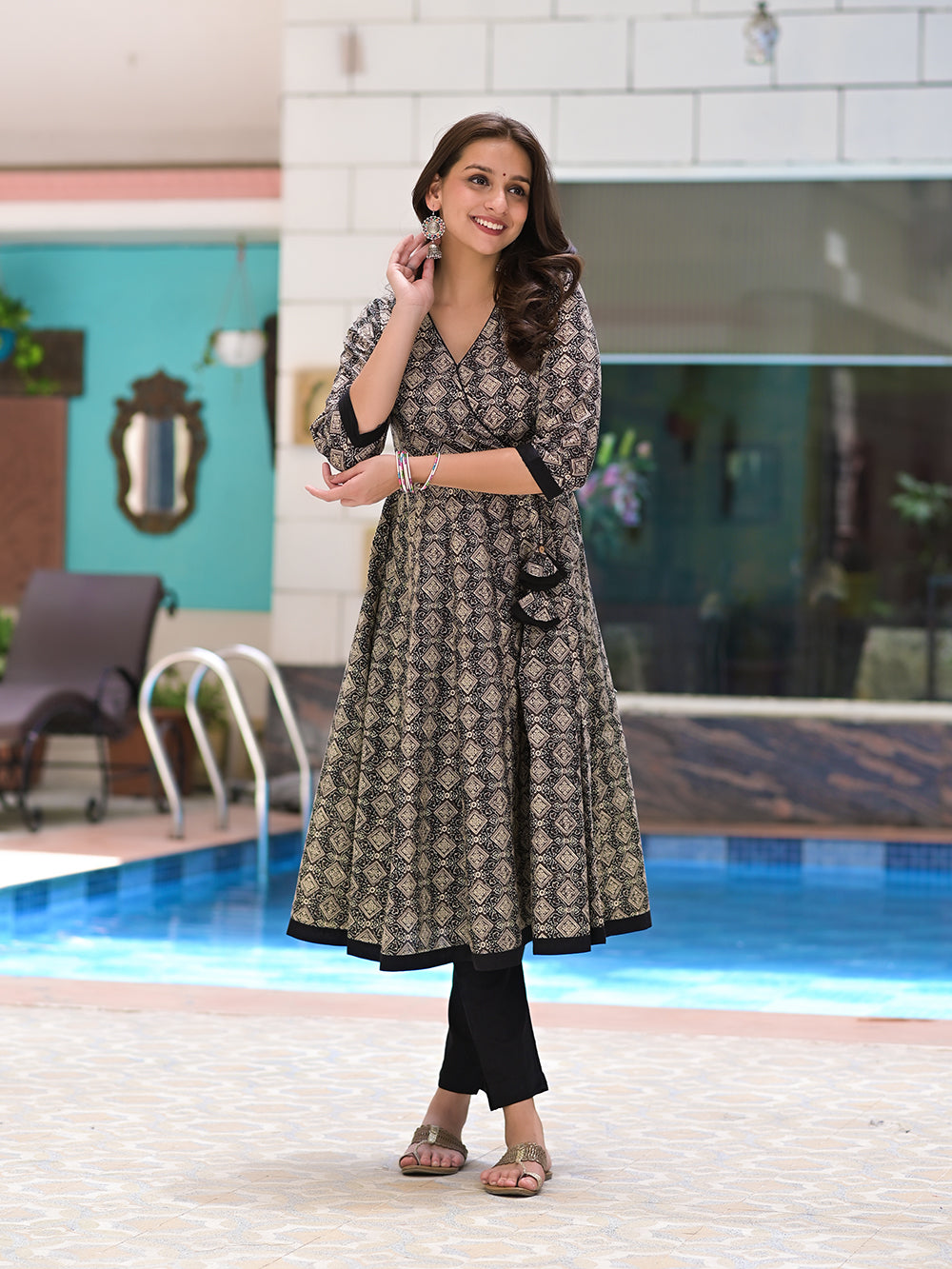 Grey Black Hand Block Printed Cotton Angrakha Kurta With Black Pants -Set of 2