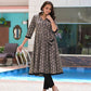 Grey Black Hand Block Printed Cotton Angrakha Kurta With Black Pants -Set of 2