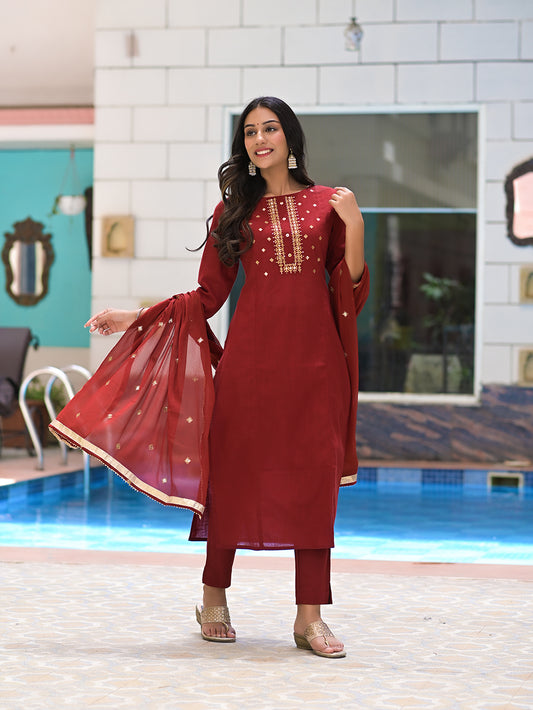 Maroon Embroidered Cotton Suit with Chiffon Dupatta - Set of 3