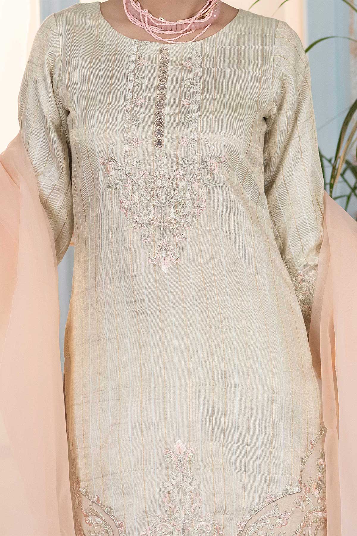 Ivory Embroidered Chanderi Cotton Suit - Set of 3