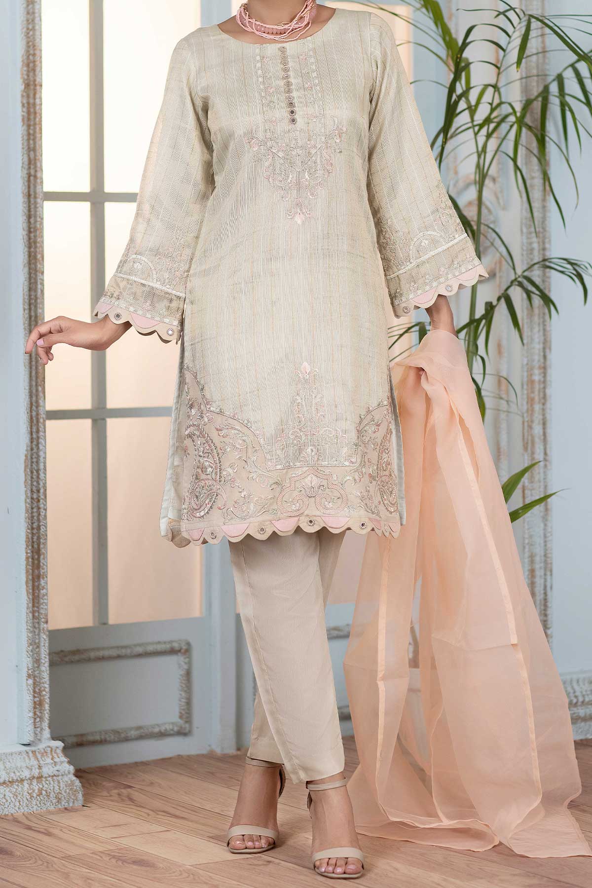 Ivory Embroidered Chanderi Cotton Suit - Set of 3