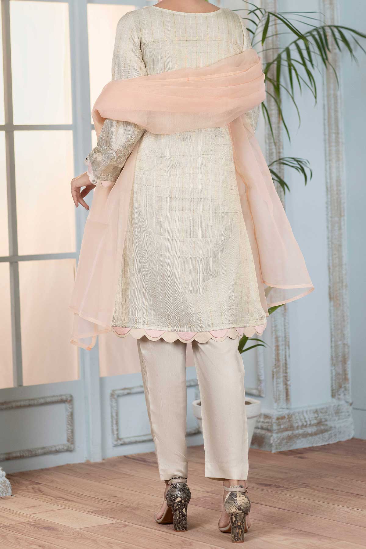 Ivory Embroidered Chanderi Cotton Suit - Set of 3