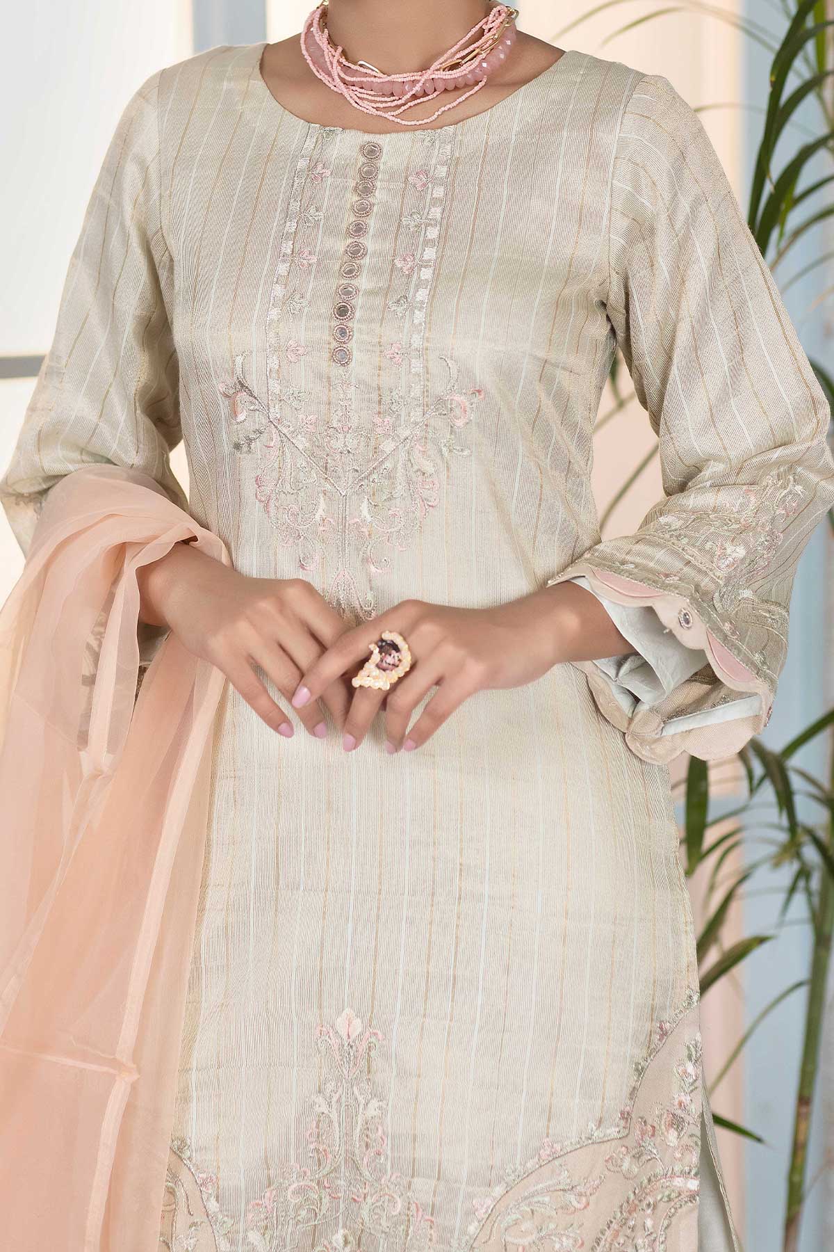 Ivory Embroidered Chanderi Cotton Suit - Set of 3