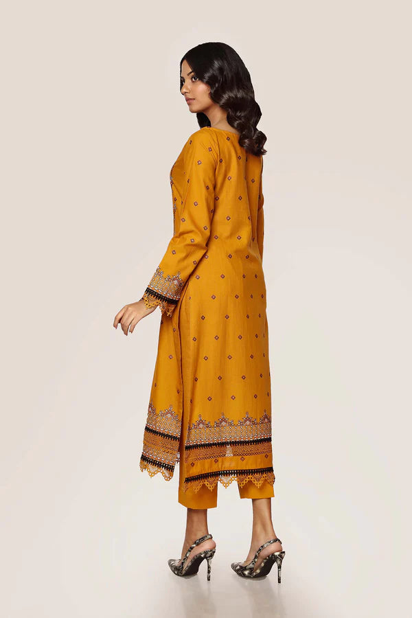 Yellow Embroidered Cotton Kurta with Pants - Set of 2