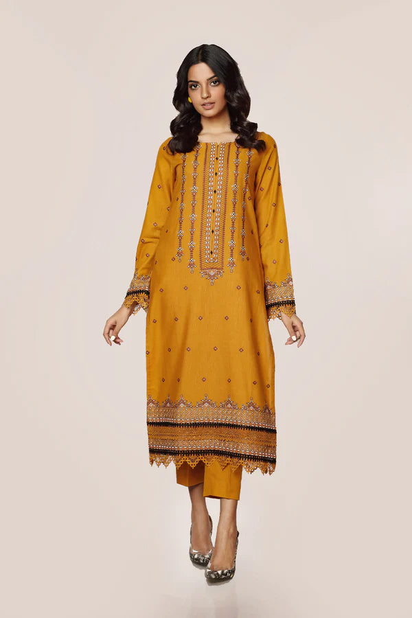 Yellow Embroidered Cotton Kurta with Pants - Set of 2