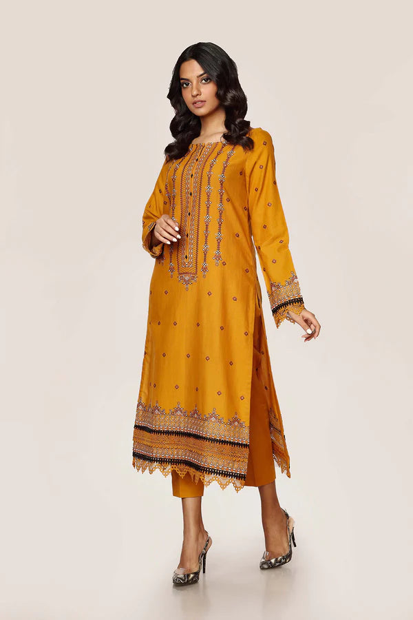 Yellow Embroidered Cotton Kurta with Pants - Set of 2