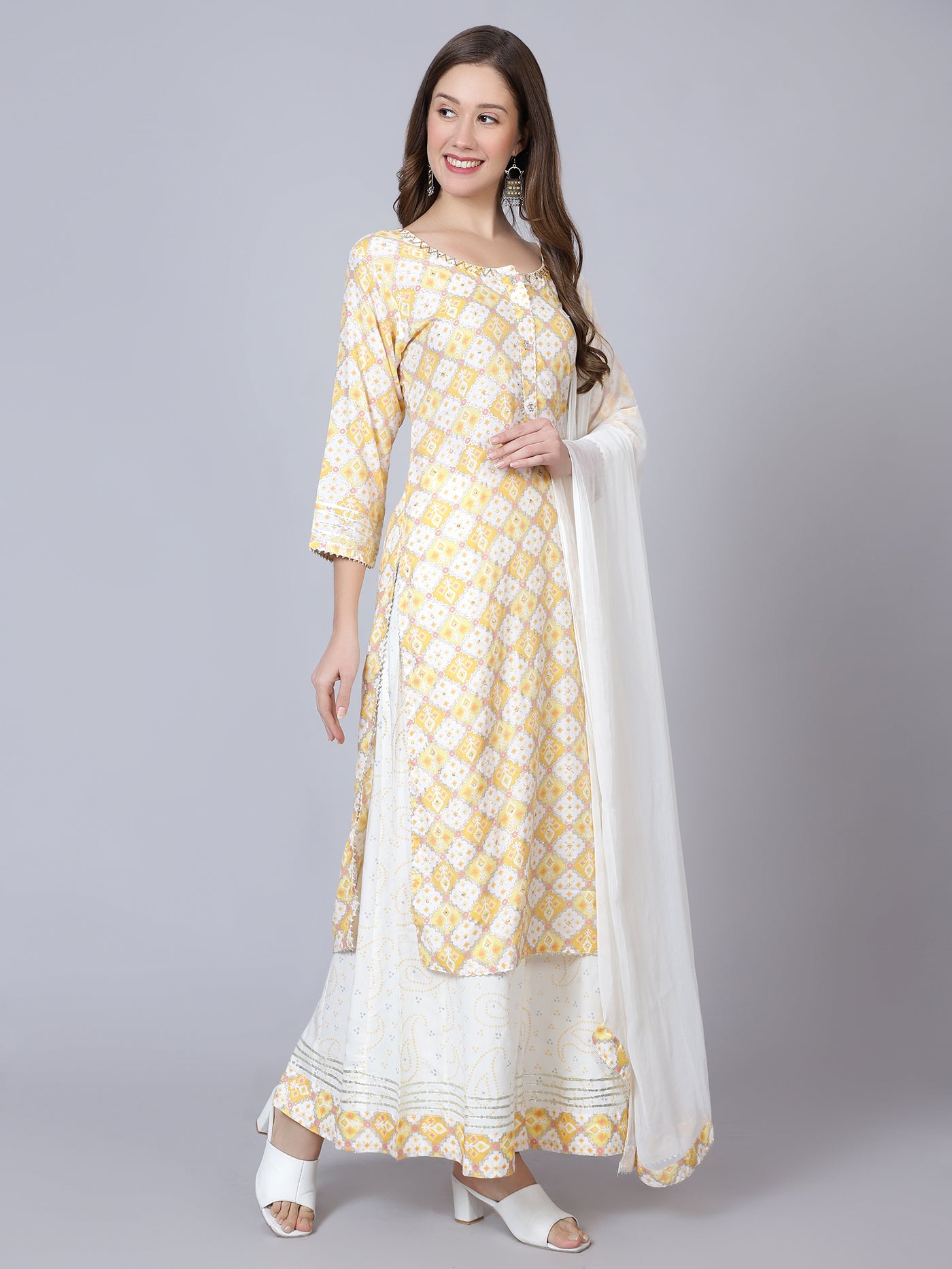 Yellow Cotton Printed Suit - Set of 3