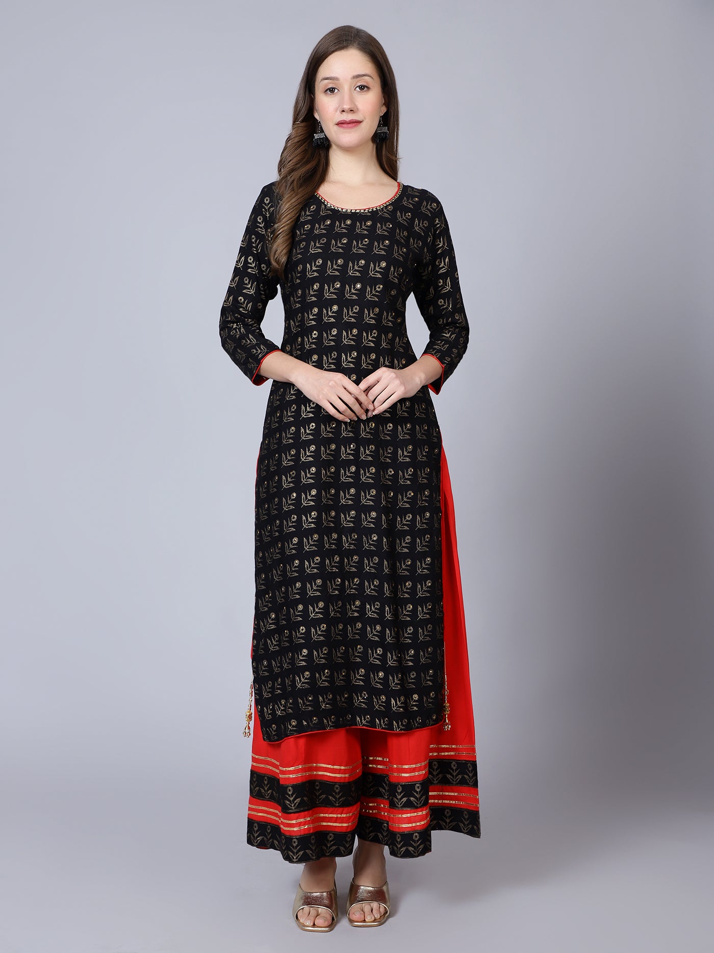 Black Cotton Printed Kurta with Red Sharara and Dupatta - Set of 3