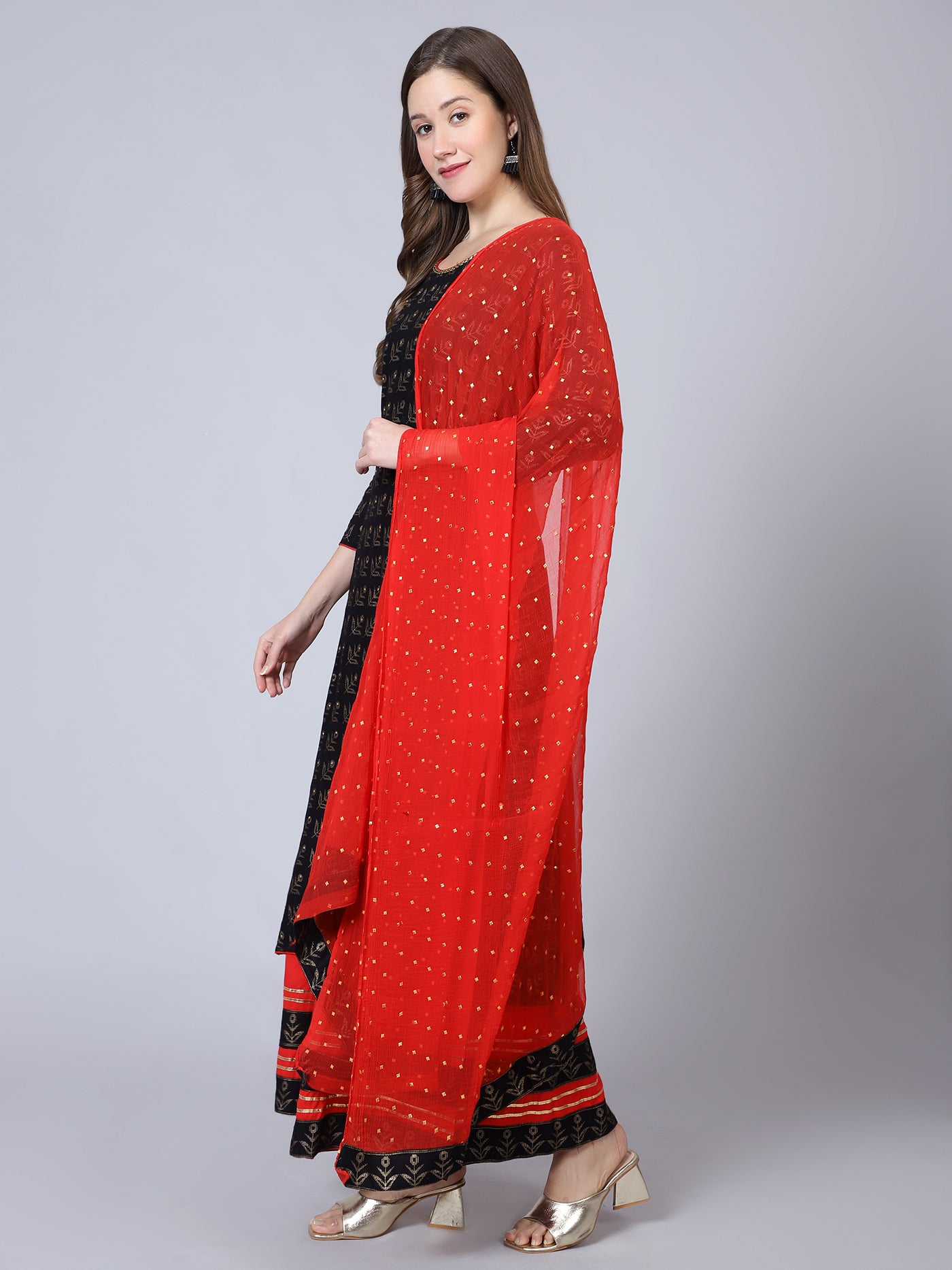 Black Cotton Printed Kurta with Red Sharara and Dupatta - Set of 3