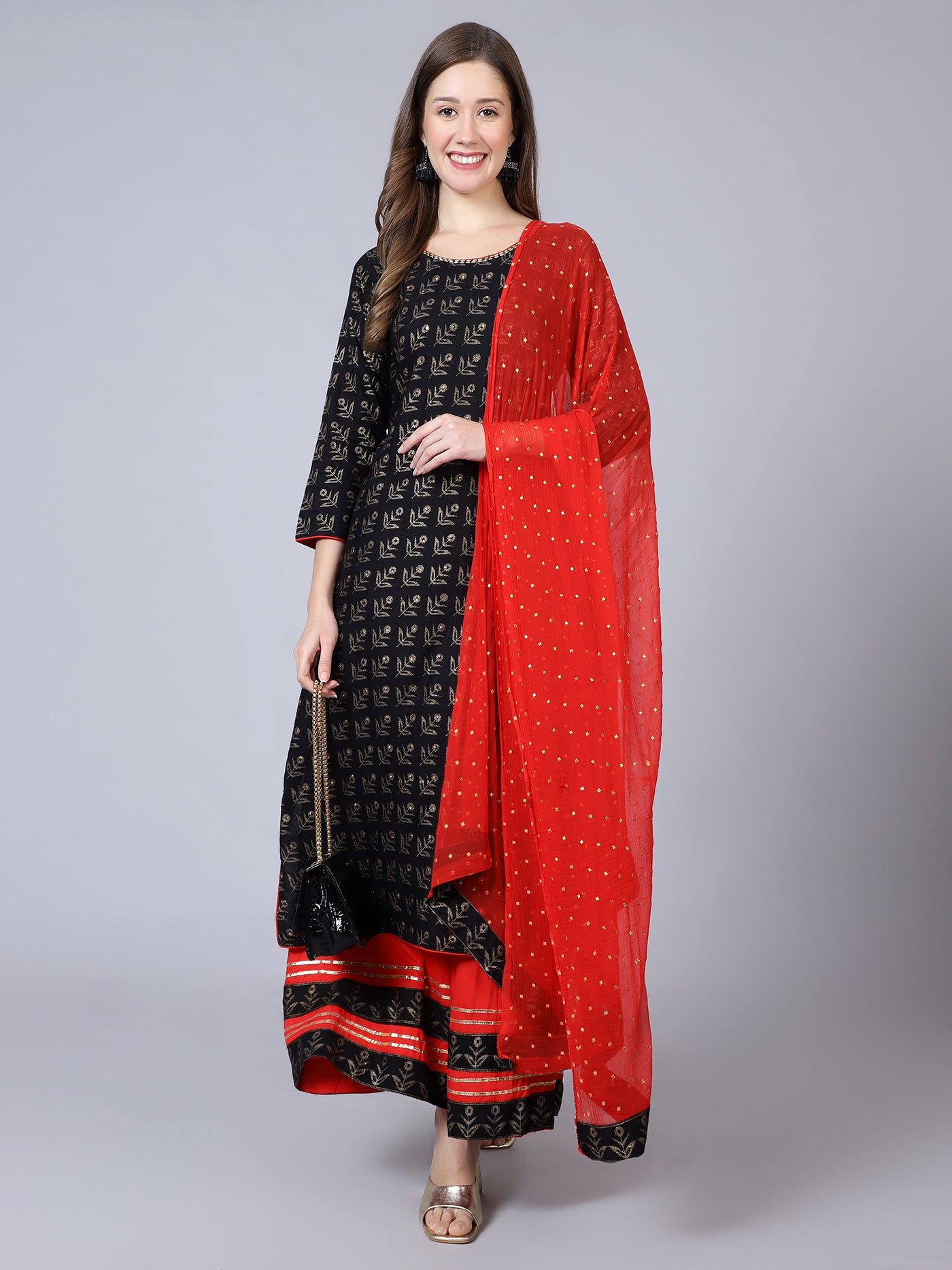 Black Cotton Printed Kurta with Red Sharara and Dupatta - Set of 3