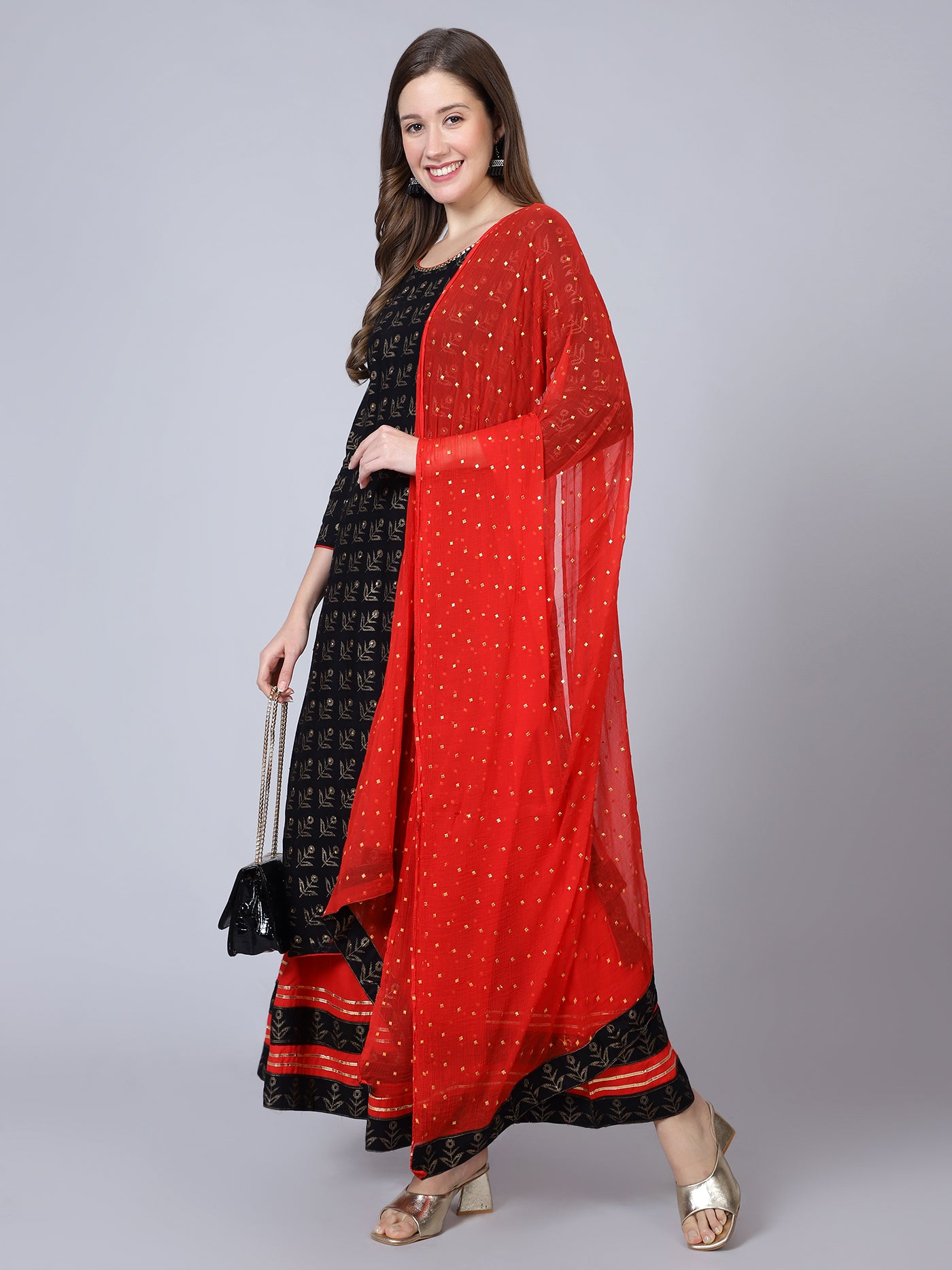 Black Cotton Printed Kurta with Red Sharara and Dupatta - Set of 3