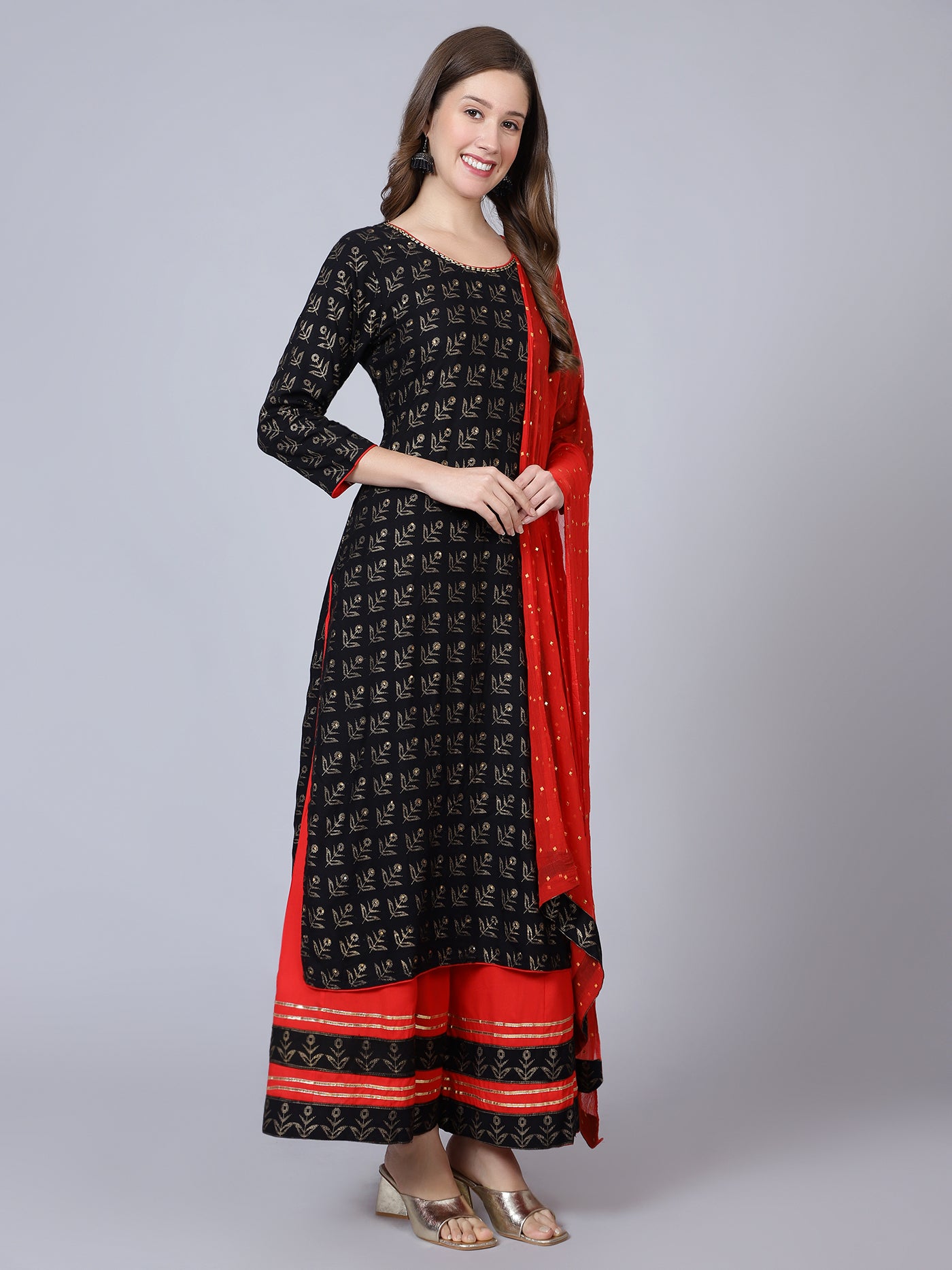 Black Cotton Printed Kurta with Red Sharara and Dupatta - Set of 3