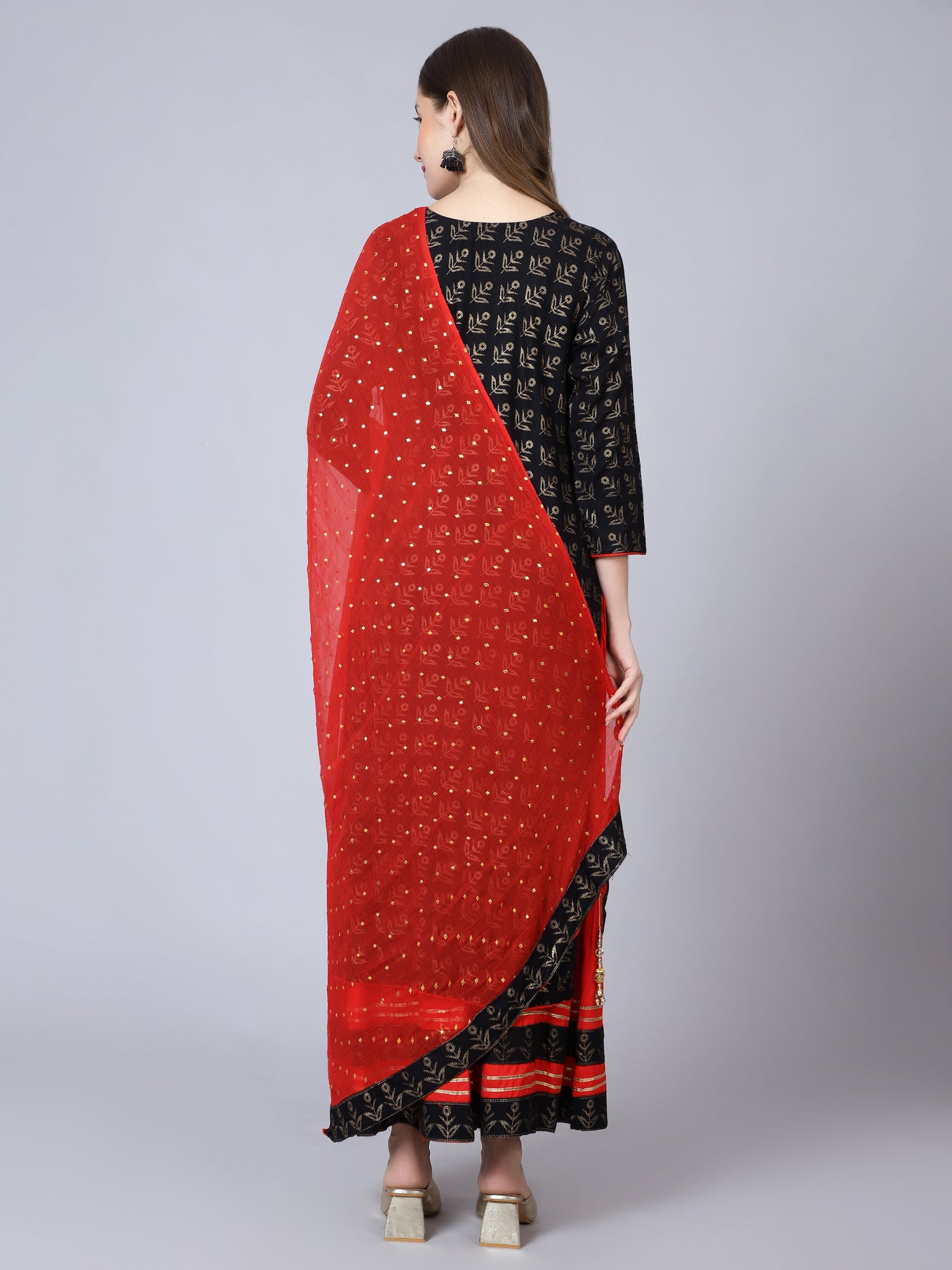 Black Cotton Printed Kurta with Red Sharara and Dupatta - Set of 3