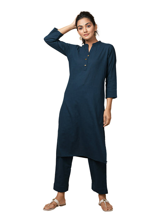 Blue Solid Metal Embellishment Cotton Kurta