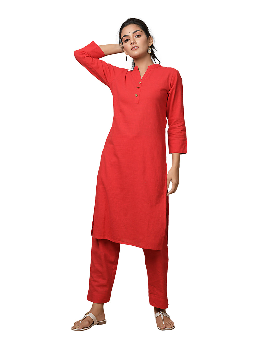 Red Solid Metal Embellishment Cotton Kurta