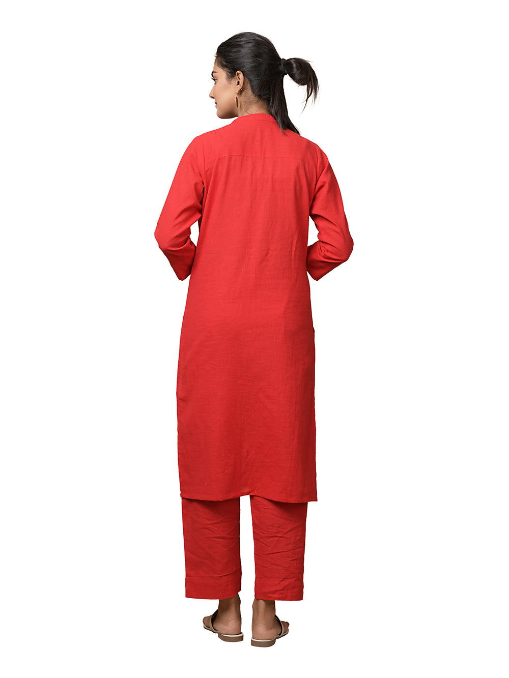 Red Solid Metal Embellishment Cotton Kurta