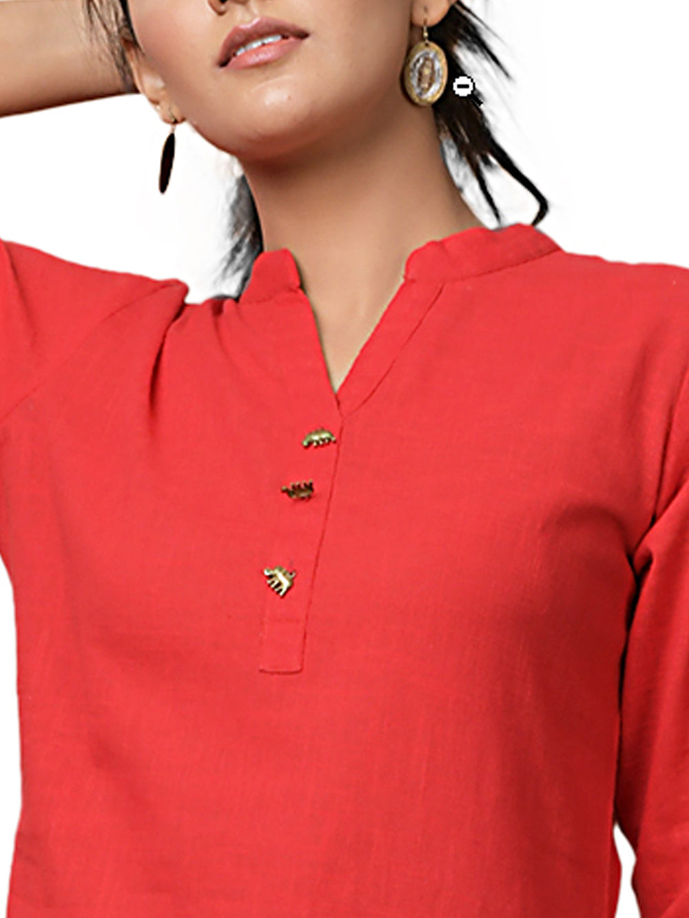 Red Solid Metal Embellishment Cotton Kurta