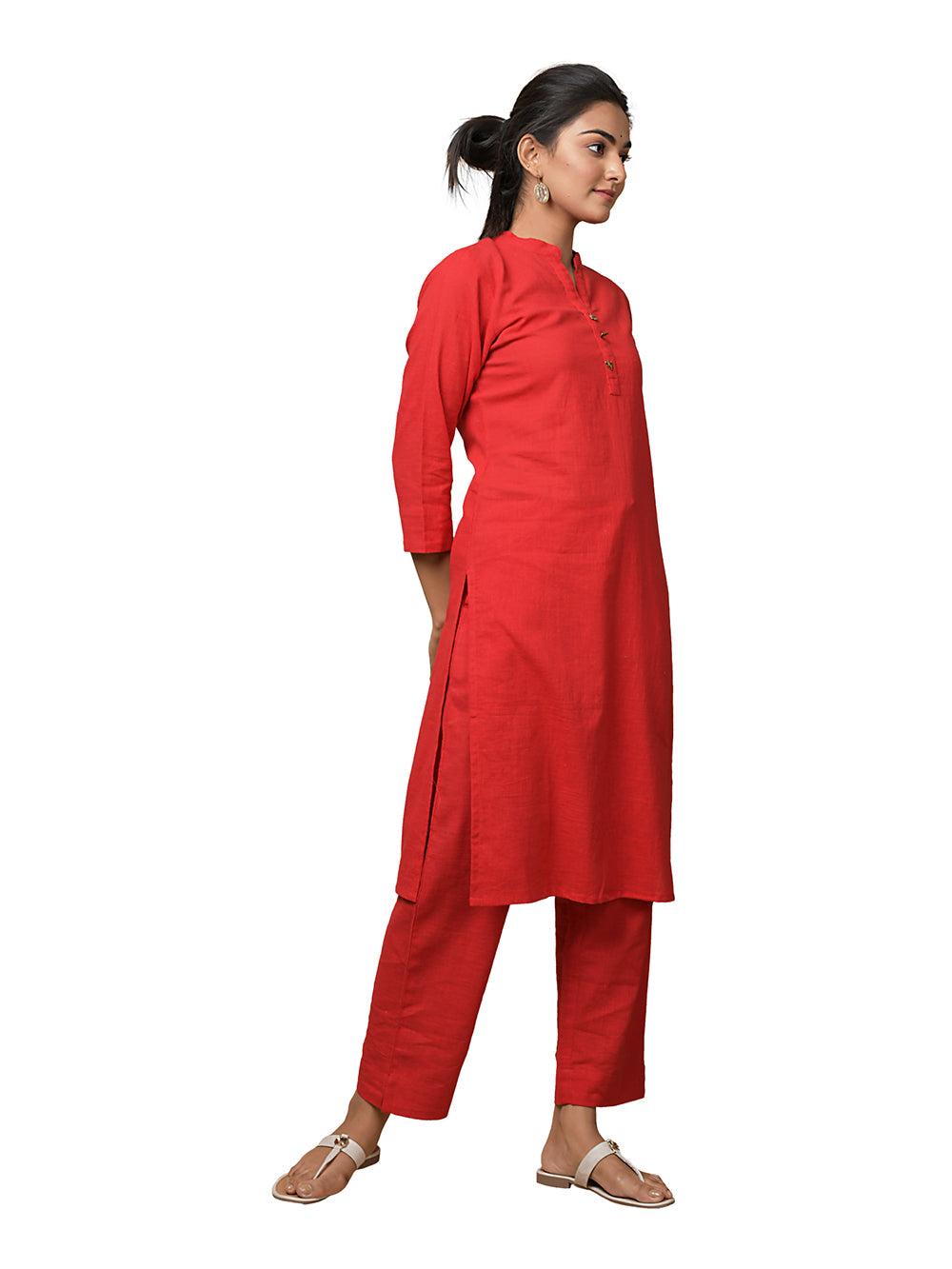 Red Solid Metal Embellishment Cotton Kurta