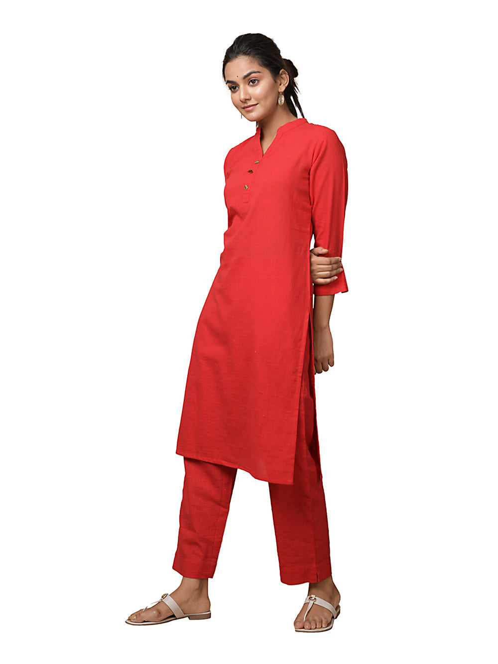 Red Solid Metal Embellishment Cotton Kurta