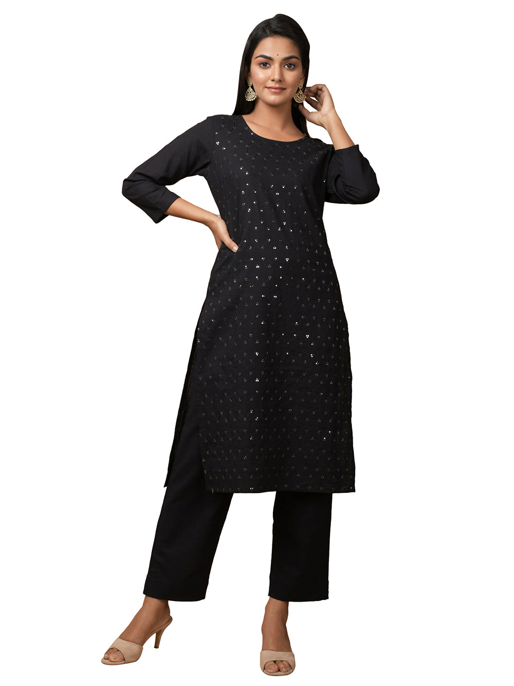 Black Solid Sequin Embellishment Cotton Kurta