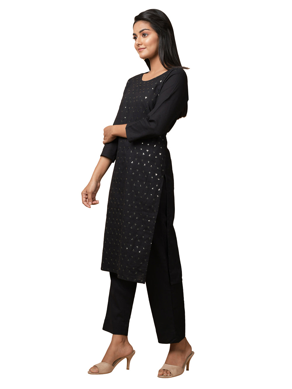 Black Solid Sequin Embellishment Cotton Kurta