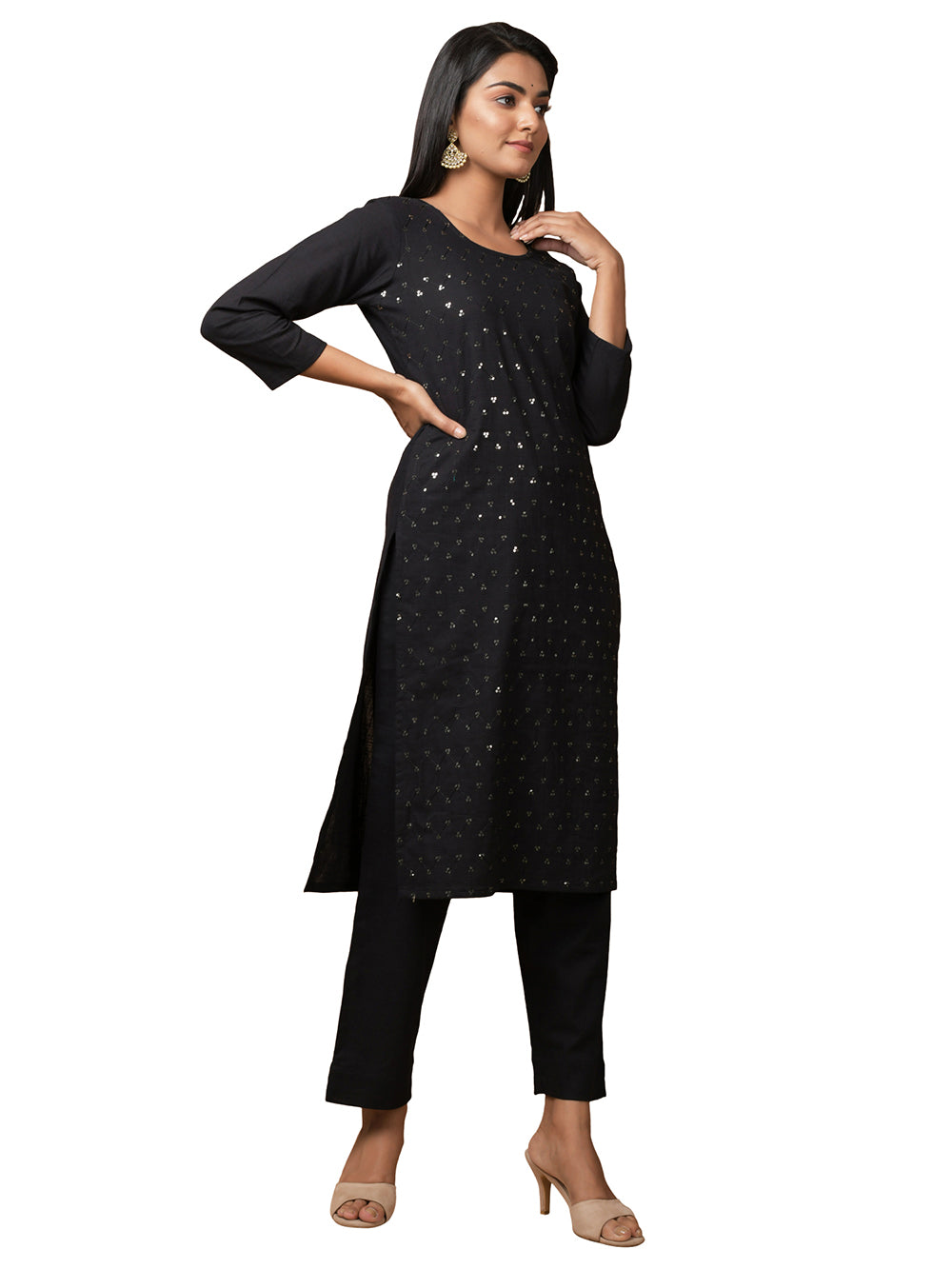 Black Solid Sequin Embellishment Cotton Kurta