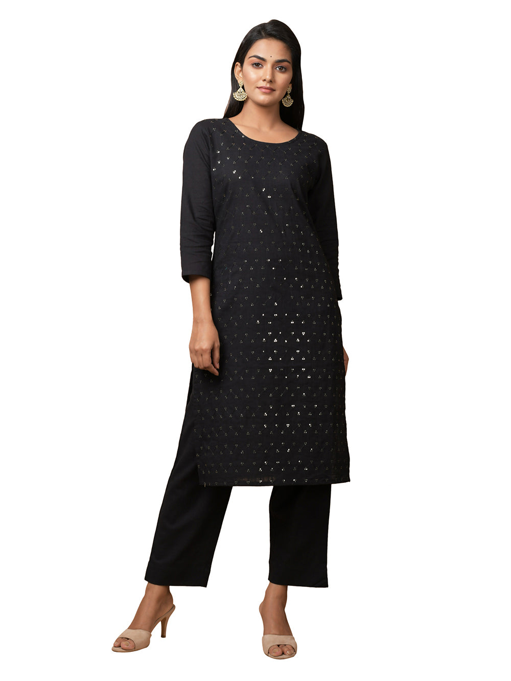 Black Solid Sequin Embellishment Cotton Kurta