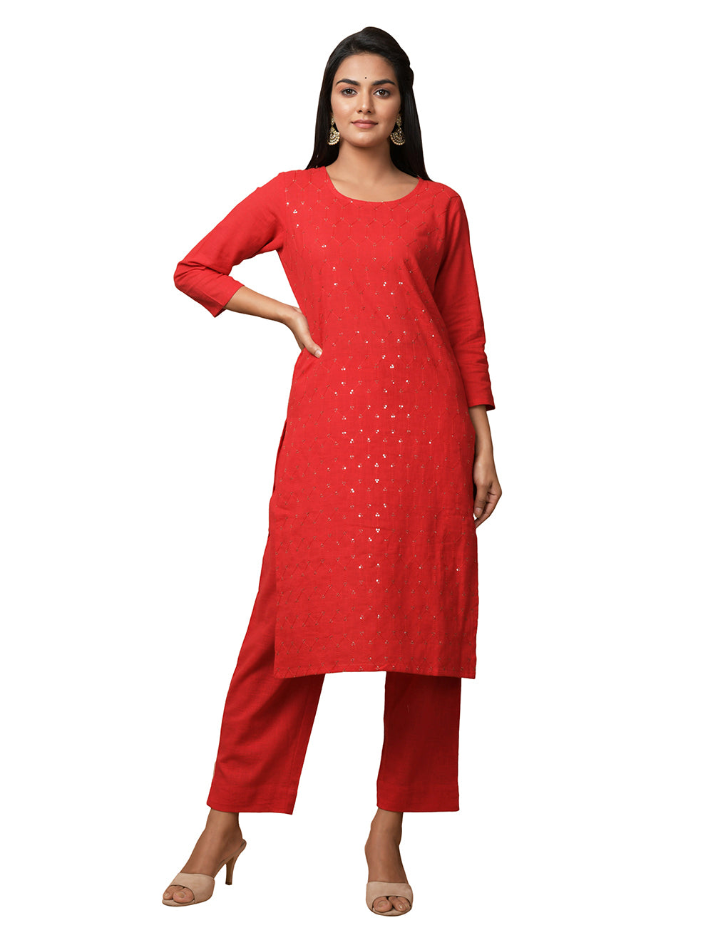 Red Solid Sequin Embellishment Cotton Kurta