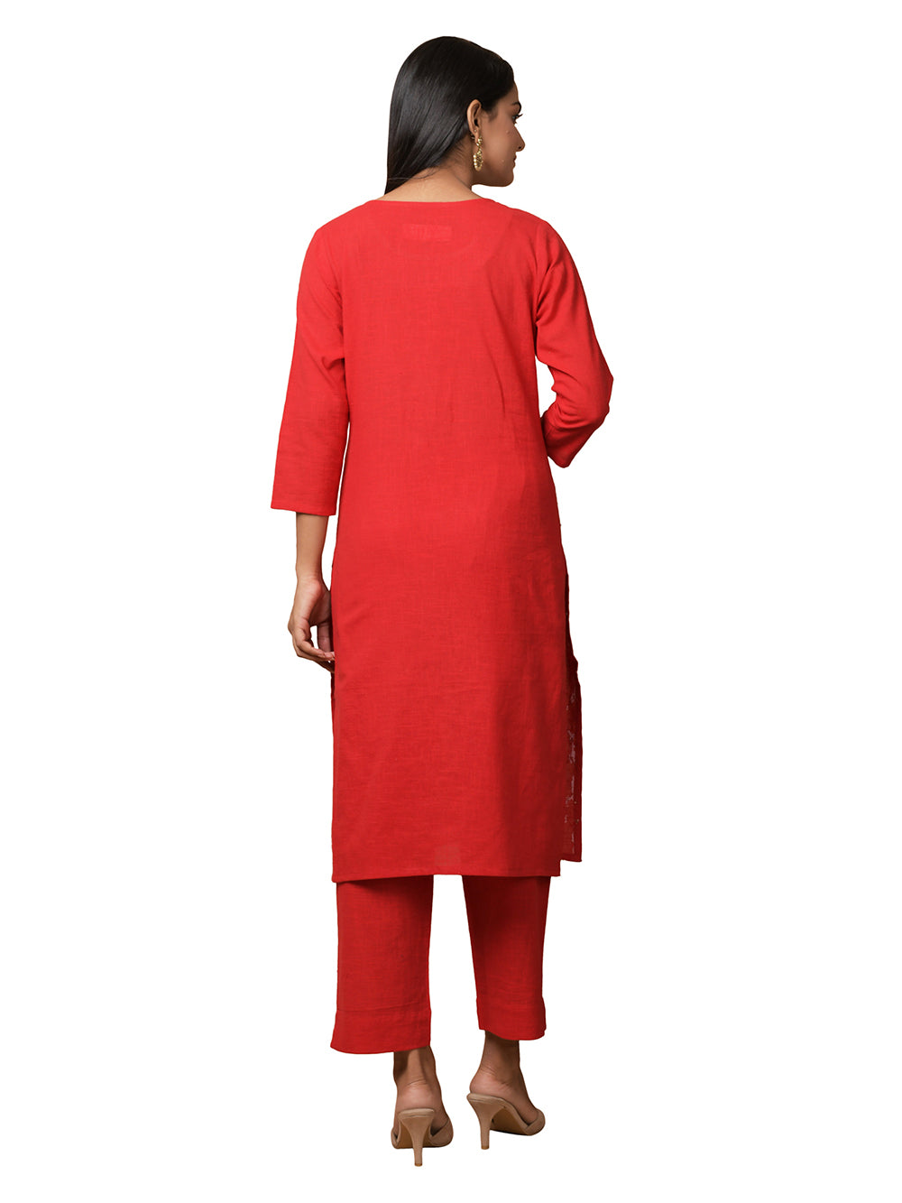 Red Solid Sequin Embellishment Cotton Kurta