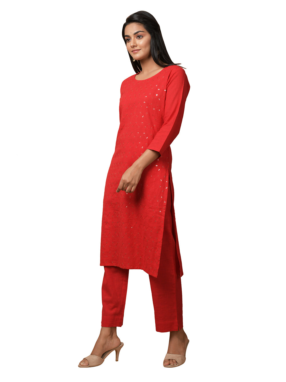 Red Solid Sequin Embellishment Cotton Kurta