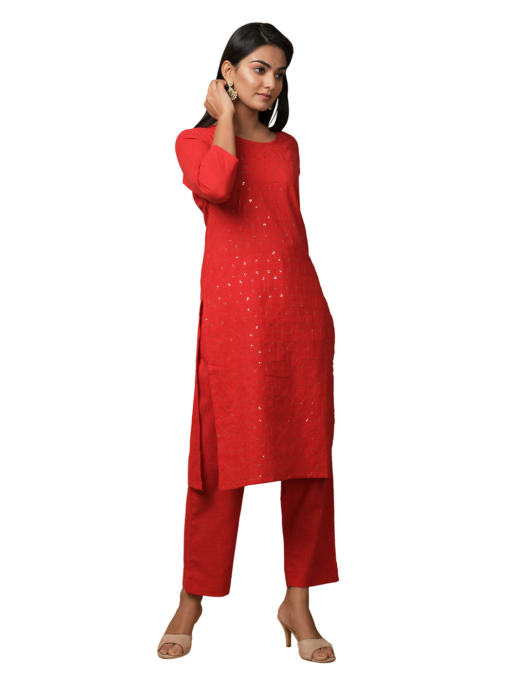 Red Solid Sequin Embellishment Cotton Kurta