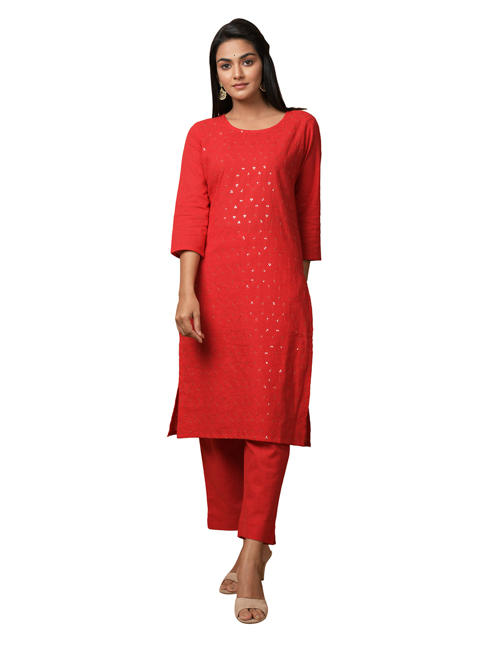 Red Solid Sequin Embellishment Cotton Kurta