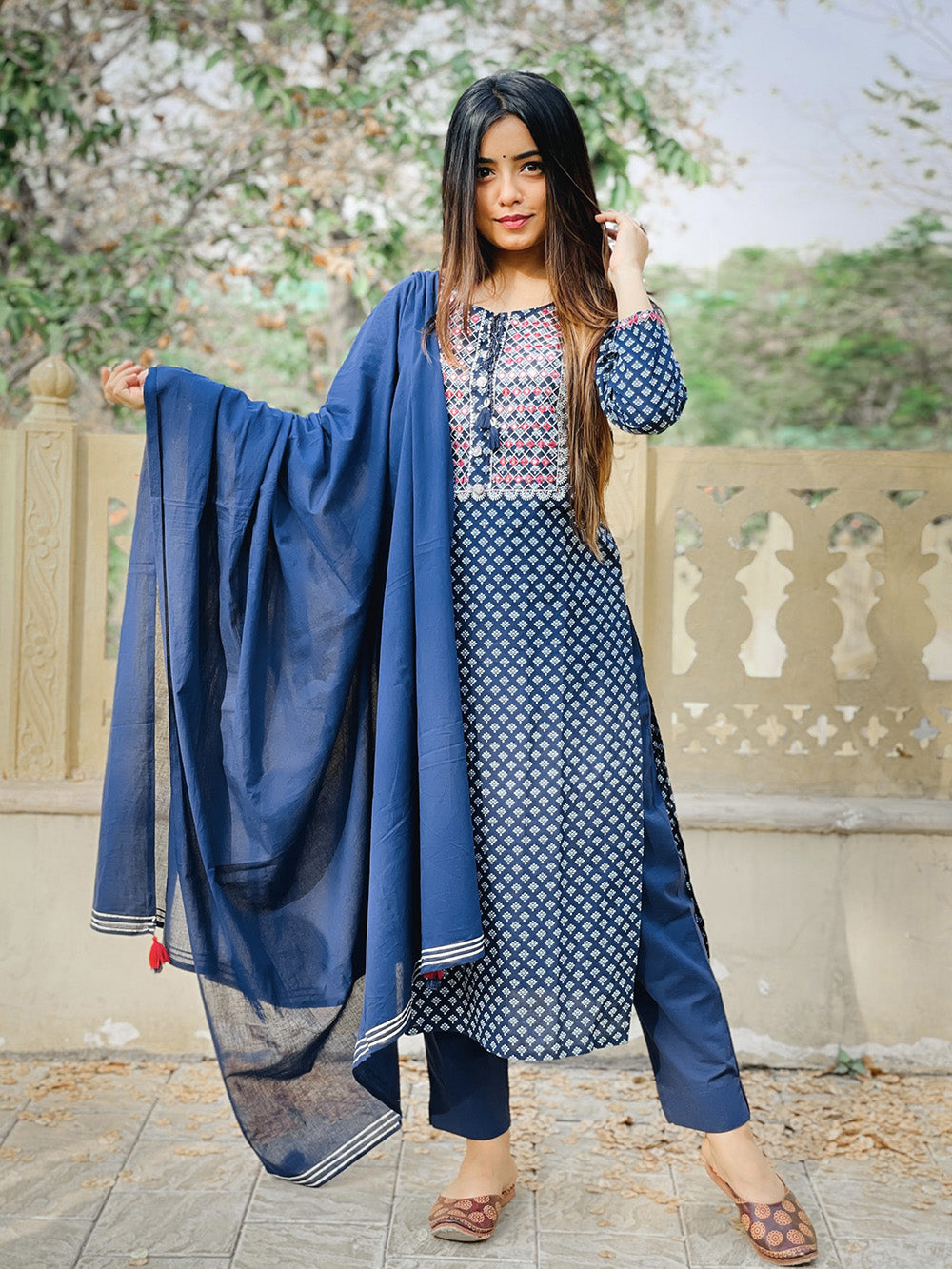 Blue Embellished Cotton Suit Set