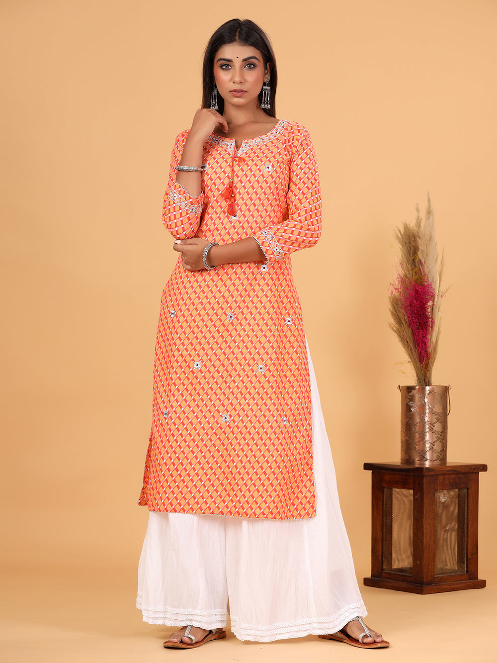 Orange Lehariya Printed Cotton Kurta