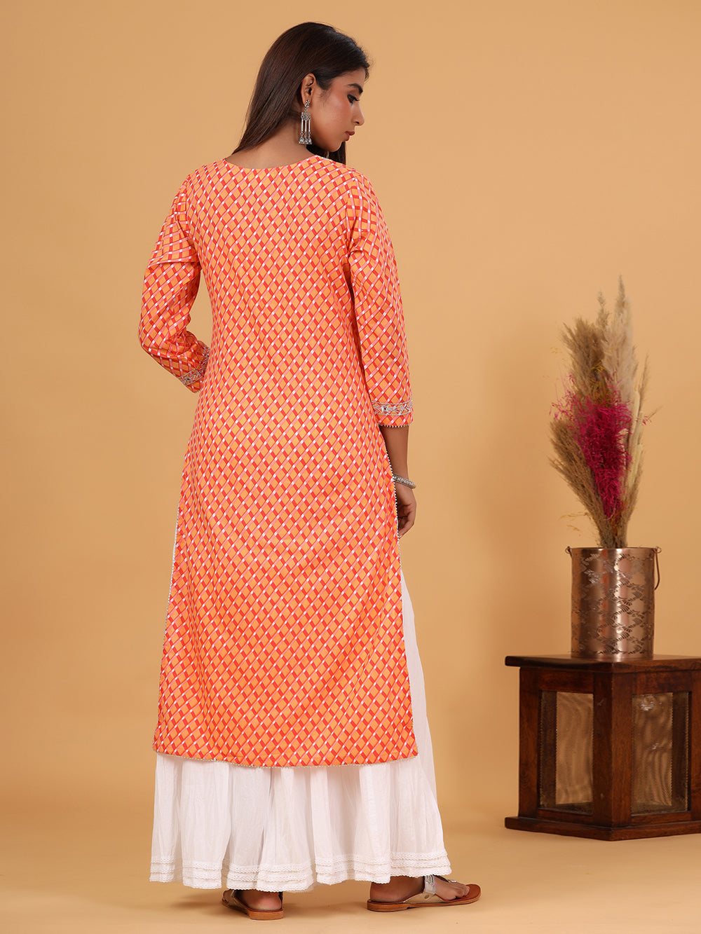 Orange Lehariya Printed Cotton Kurta