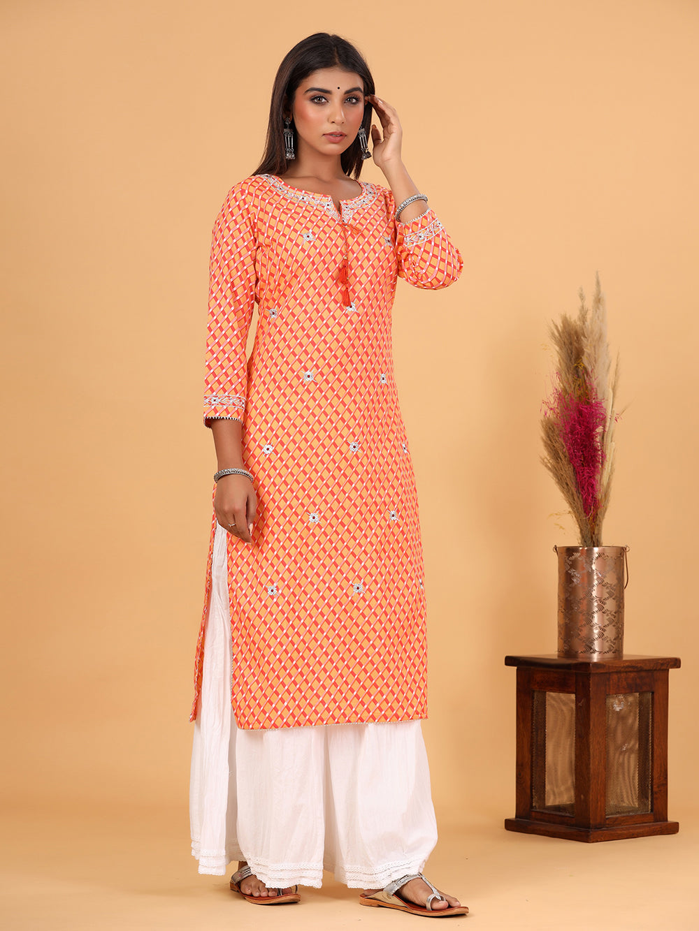 Orange Lehariya Printed Cotton Kurta