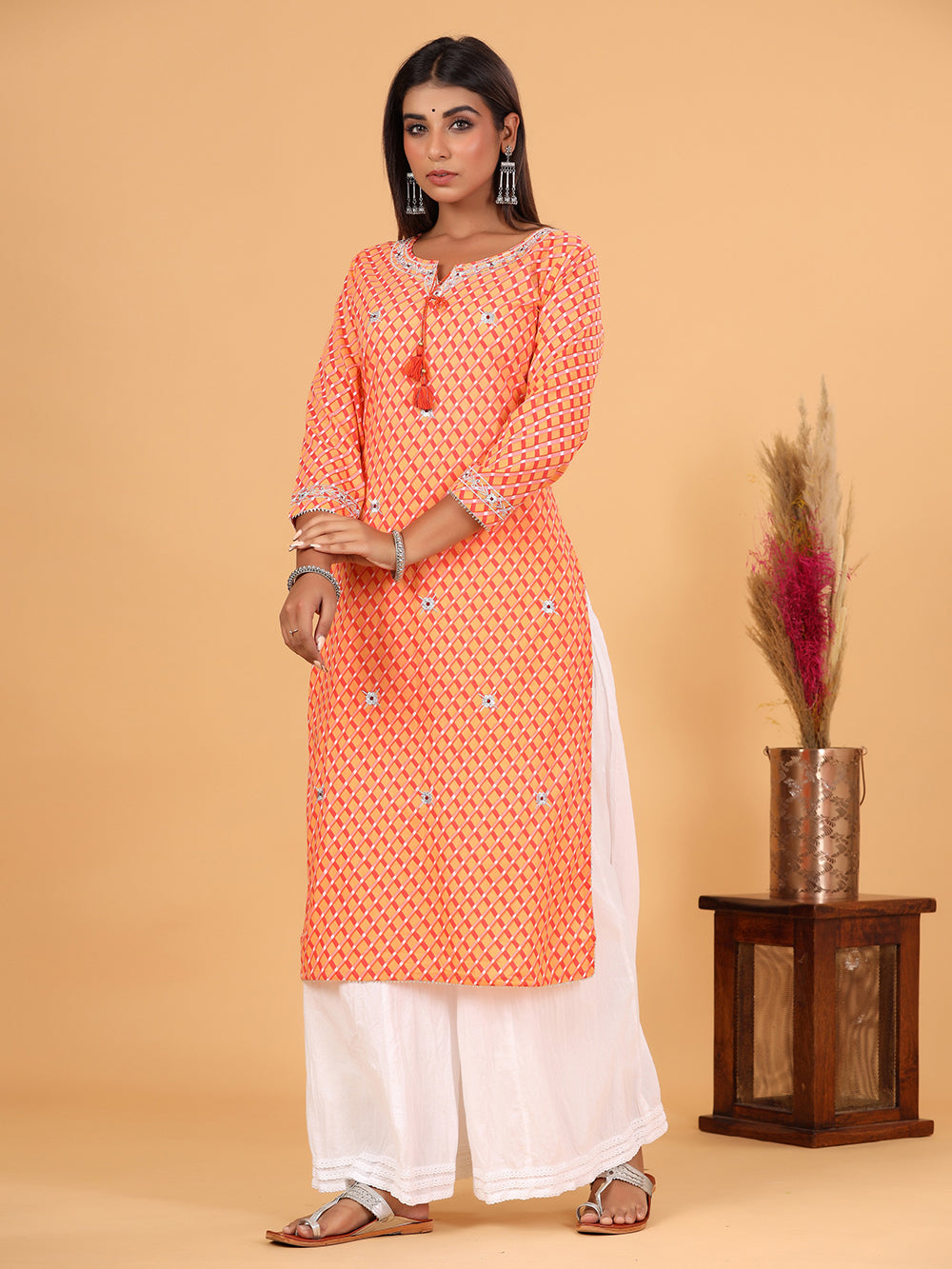 Orange Lehariya Printed Cotton Kurta