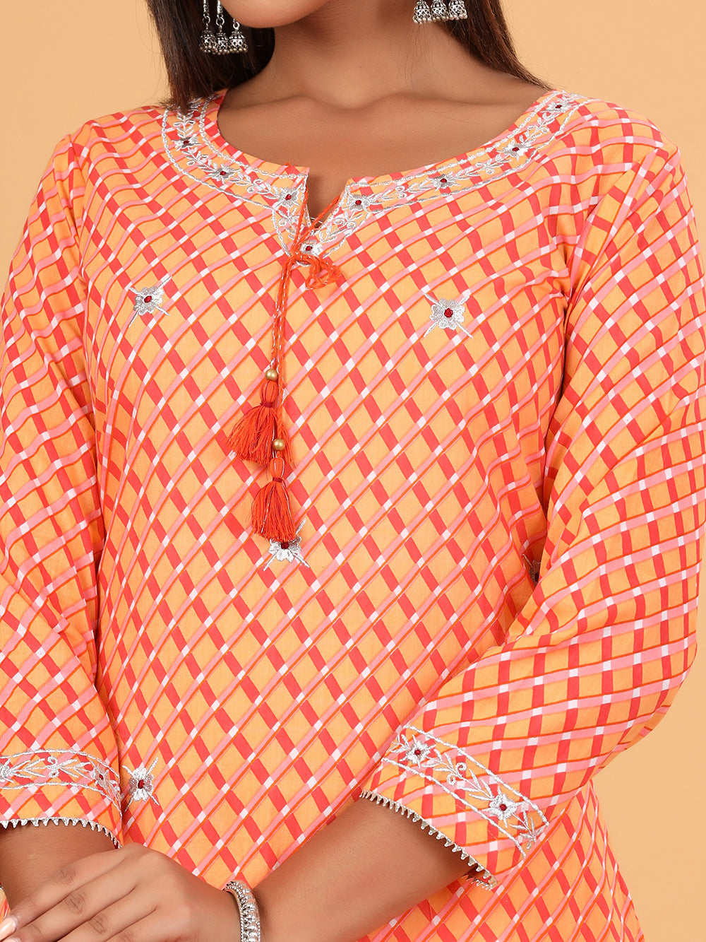 Orange Lehariya Printed Cotton Kurta