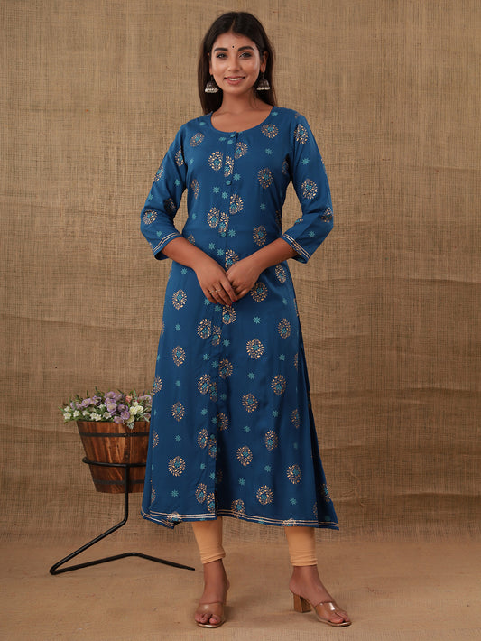 Blue Floral Printed Rayon Kurta