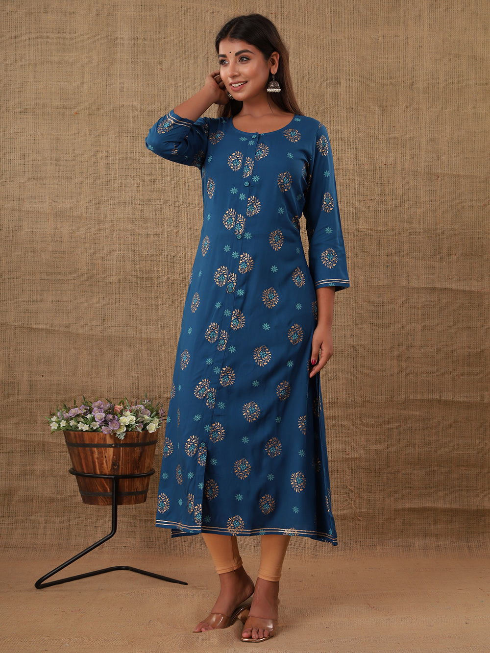 Blue Floral Printed Rayon Kurta