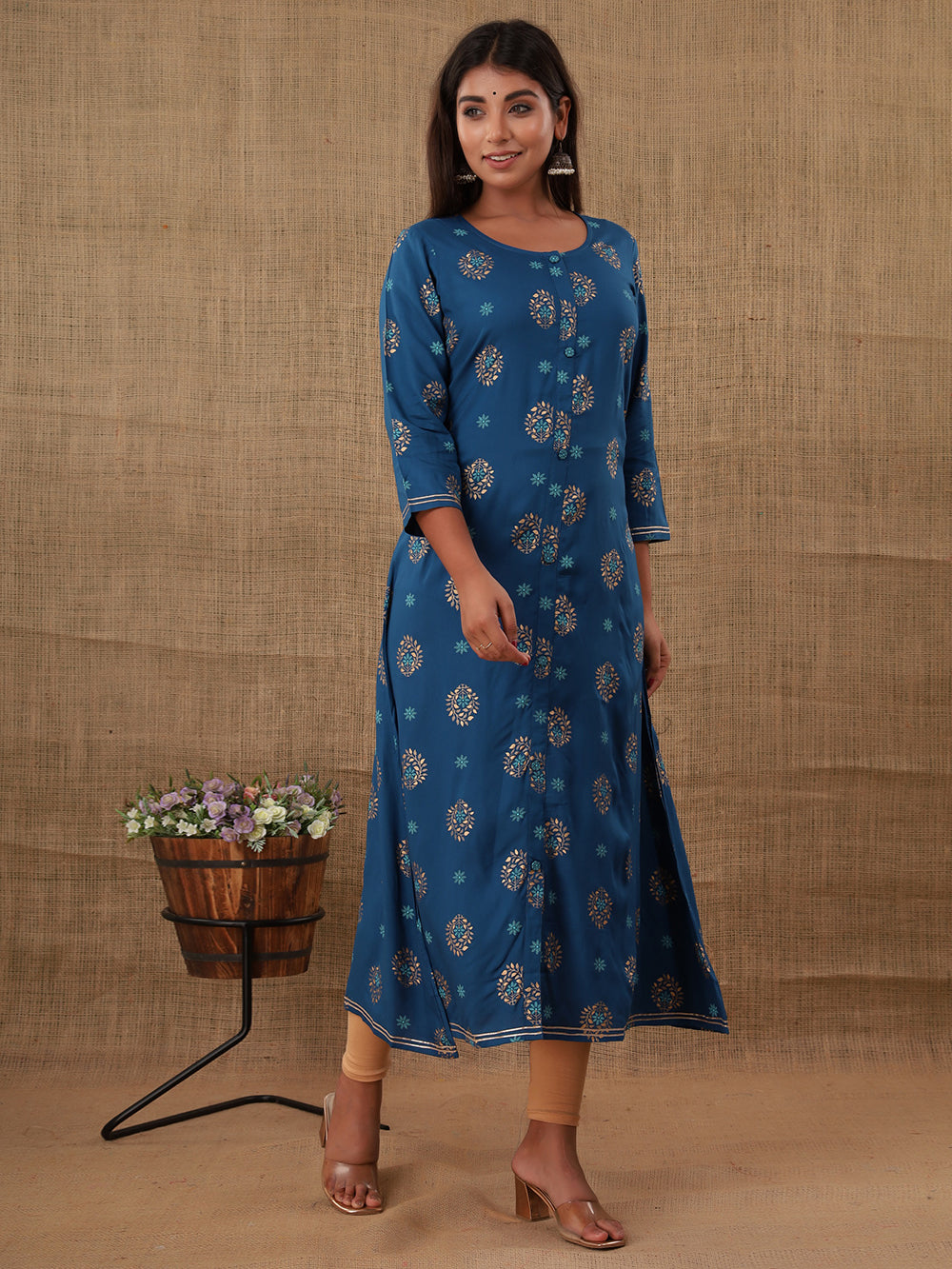 Blue Floral Printed Rayon Kurta