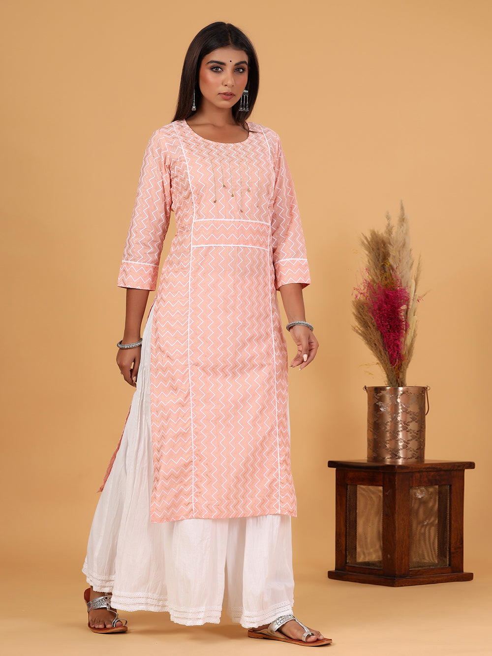 Pink Zig-Zag Printed Cotton Kurta