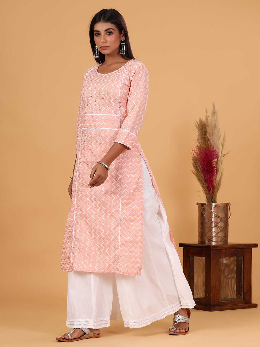 Pink Zig-Zag Printed Cotton Kurta