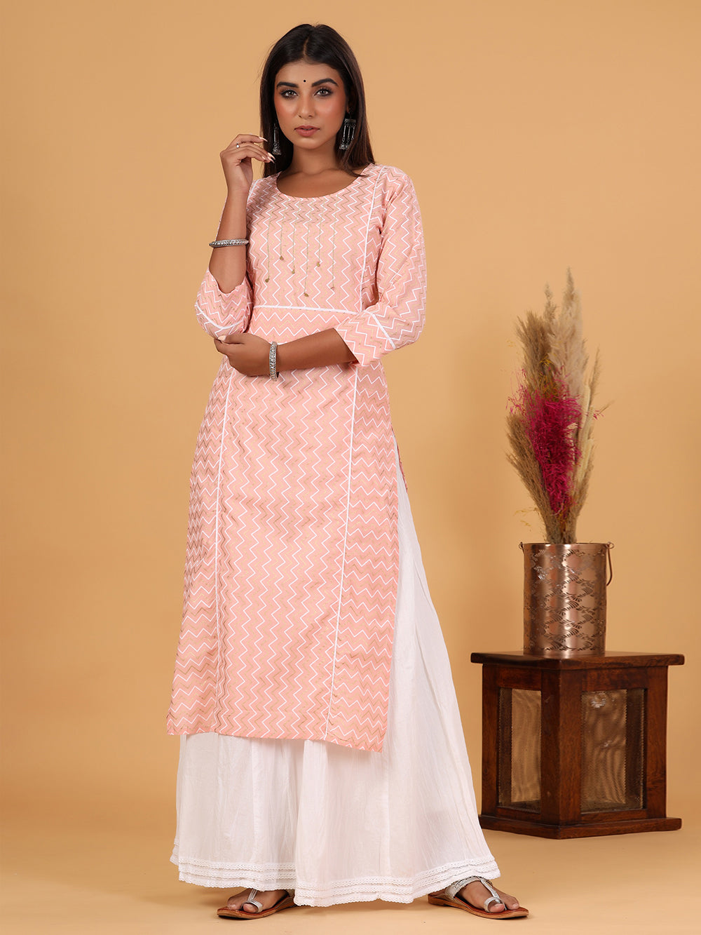 Pink Zig-Zag Printed Cotton Kurta