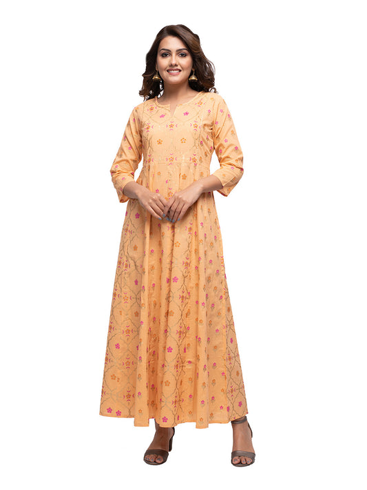 Orange Foil Printed Cotton Kurta