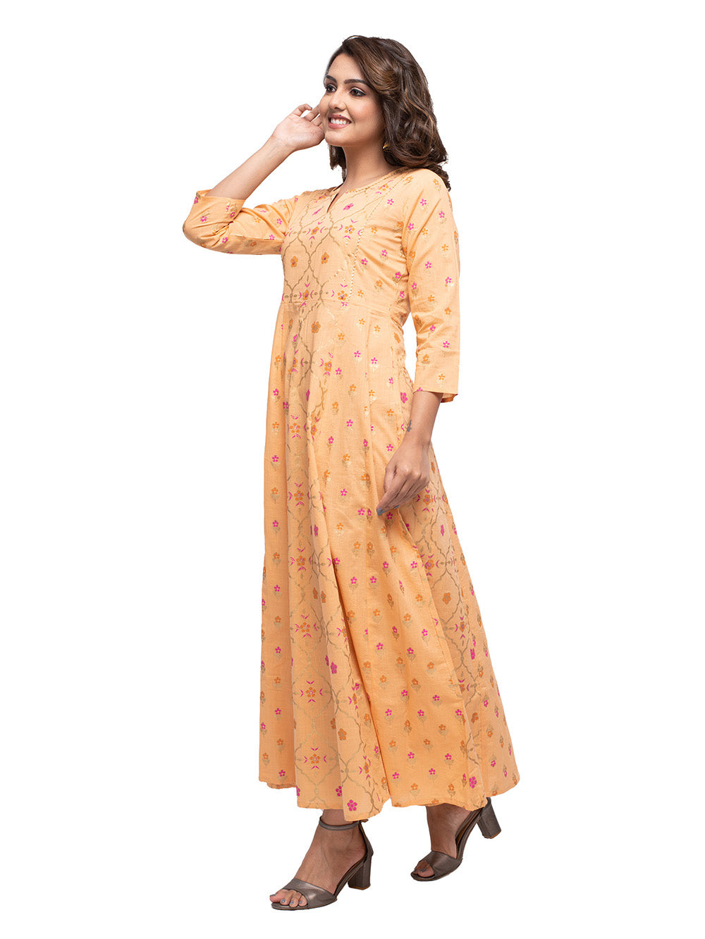 Orange Foil Printed Cotton Kurta