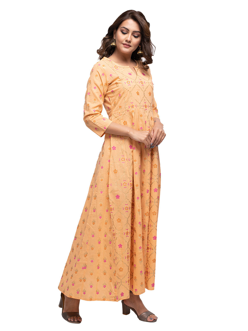 Orange Foil Printed Cotton Kurta